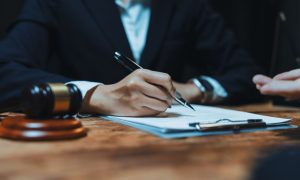 Woman Signs Legal Document Next to Judge's Gavel While Sitting at a Desk