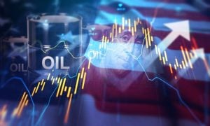 American Flag Waves In the Background of Oil Barrels, Benjamin Franklin Face on Banknote, and Financial Graphs