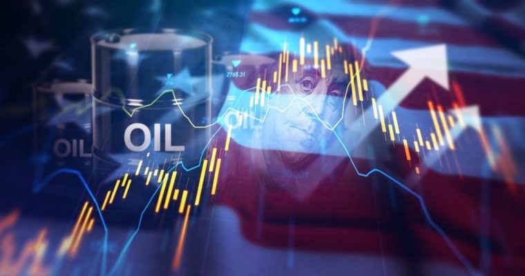 American Flag Waves In the Background of Oil Barrels, Benjamin Franklin Face on Banknote, and Financial Graphs
