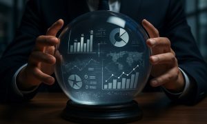 Man In Suit Grabs Crystal Ball With Financial Graphs Reflected Inside