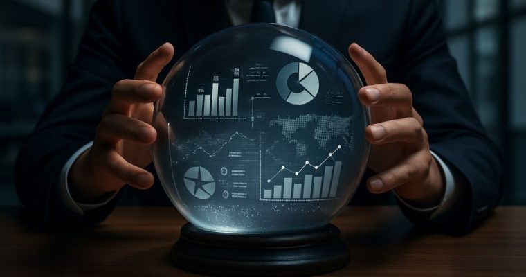 Man In Suit Grabs Crystal Ball With Financial Graphs Reflected Inside