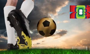Cloudy Skies on Soccer Field with Close Up of Player's Shoes and Golden Soccer Ball