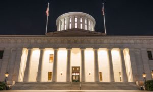 Bright White Lights Illuminate the Interior of the Ohio Capitol Building at Night