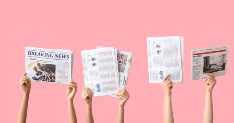 Four Sets of Hands Hold Up Newspapers Against Pick Background