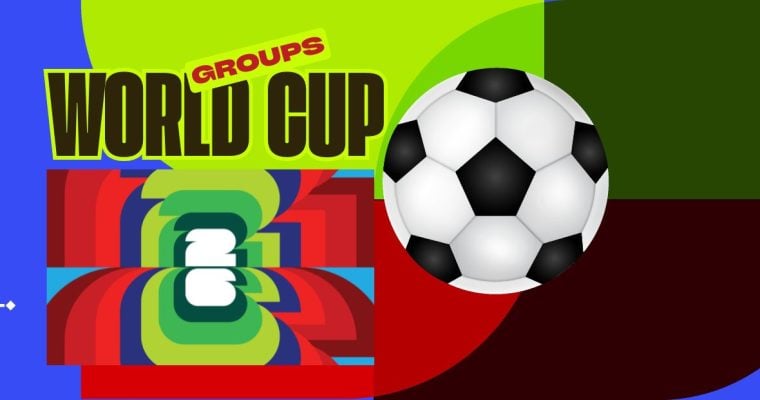 Text Reads World Cup Groups with 26 Geometric Design and Soccer Ball Illustration