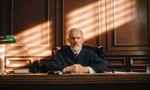 Judge Sits Behind Pulpit in Wooden Courtroom