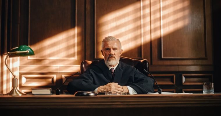 Judge Sits Behind Pulpit in Wooden Courtroom