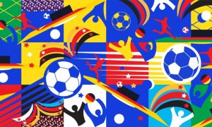 Colorful Graphic Design Featuring Soccer Balls and Players