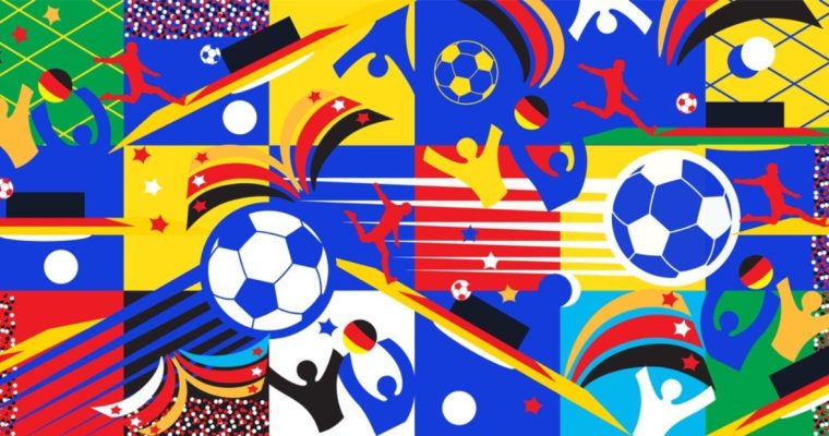 Colorful Graphic Design Featuring Soccer Balls and Players