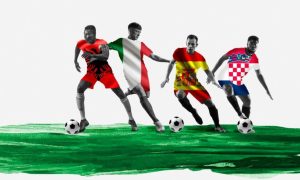 Drawing of Four Soccer Players Wearing Flags of Croatia, Italy, Albania and Spain