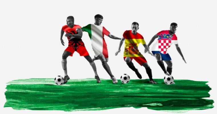 Drawing of Four Soccer Players Wearing Flags of Croatia, Italy, Albania and Spain