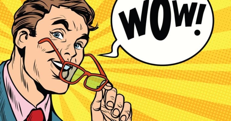 Comic Cartoon Of Man In Suit With Speech Bubble Saying Wow!