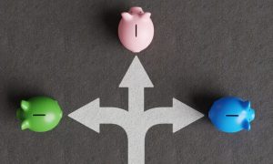 3 White Arrows Point to Piggy Banks Going In Different Directions