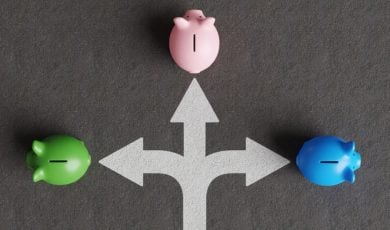 3 White Arrows Point to Piggy Banks Going In Different Directions
