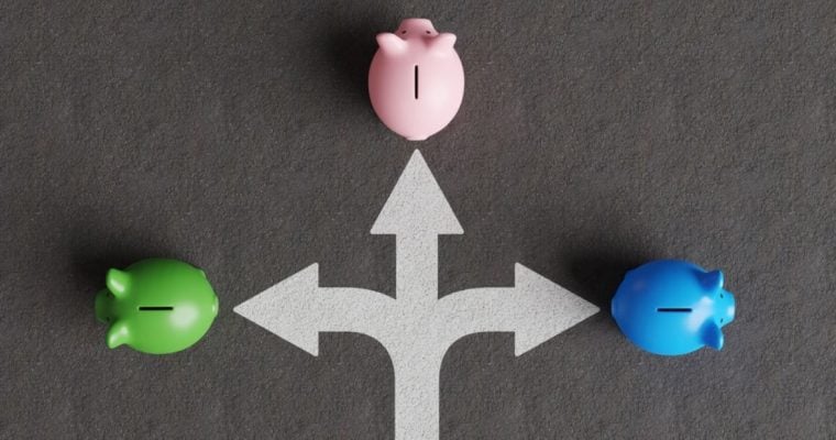 3 White Arrows Point to Piggy Banks Going In Different Directions