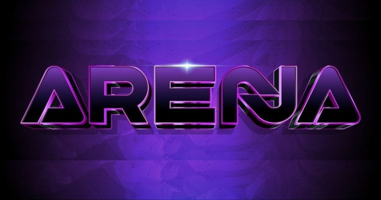 Purple and Black Graphic Design of the Word Arena in Futuristic Font