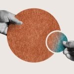 Two Hands Hold Opposite Sides of a Split Circle in Business Shares Concept Art Collage