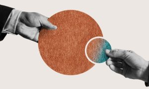 Two Hands Hold Opposite Sides of a Split Circle in Business Shares Concept Art Collage