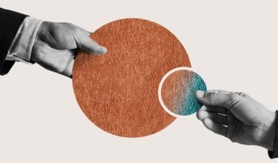 Two Hands Hold Opposite Sides of a Split Circle in Business Shares Concept Art Collage