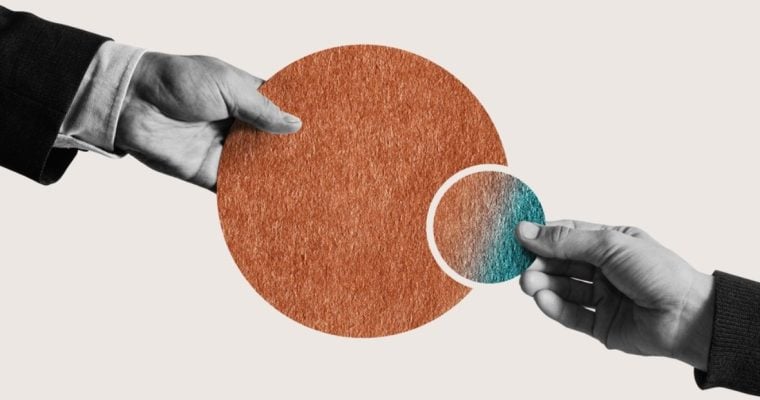 Two Hands Hold Opposite Sides of a Split Circle in Business Shares Concept Art Collage