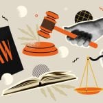 Collage of Hands Holding Judge's Gavel, Law Book and Scales