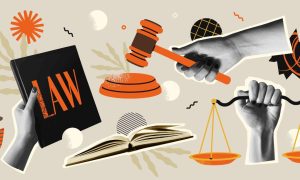 Collage of Hands Holding Judge's Gavel, Law Book and Scales