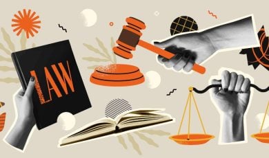 Collage of Hands Holding Judge's Gavel, Law Book and Scales