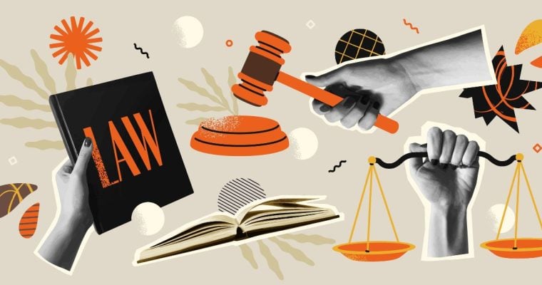 Collage of Hands Holding Judge's Gavel, Law Book and Scales
