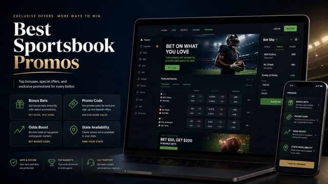 Best Sportsbook Promos graphic with a laptop and phone showing sportsbook bonus offers