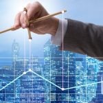 Blue Cityscape Background With Man in Suit Holding Puppet Sticks Over Line Graph