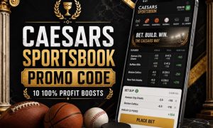 Caesars Sportsbook promo code featured image with app mockup and sports betting graphics