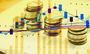 Coins Stacked On Papers with Colorful Candlestick Graph Overlay and Gold Overtone on Entire Image