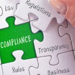 Green Background to White Puzzle Reads Compliance with Other Related Words Printed on Seperate Puzzle Pieces