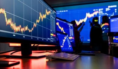 Financial Analysis Graph Chart, Cryptocurrency Report on Multiple Computer Screens
