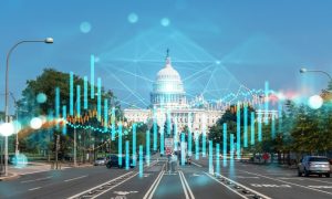 Blue Bar Graph Overlays Image of US Capitol Building in Washington, D.C.