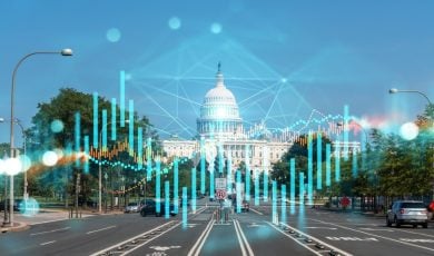 Blue Bar Graph Overlays Image of US Capitol Building in Washington, D.C.