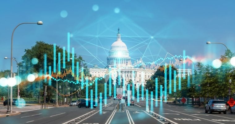 Blue Bar Graph Overlays Image of US Capitol Building in Washington, D.C.