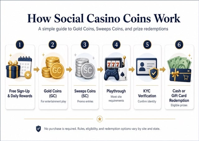 Infographic showing how social casino coins work, from sign-up rewards to Gold Coins, Sweeps Coins, playthrough, KYC, and prize redemption.