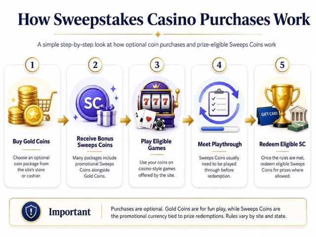 How sweepstakes casino purchases work, from buying Gold Coins to redeeming eligible Sweeps Coins