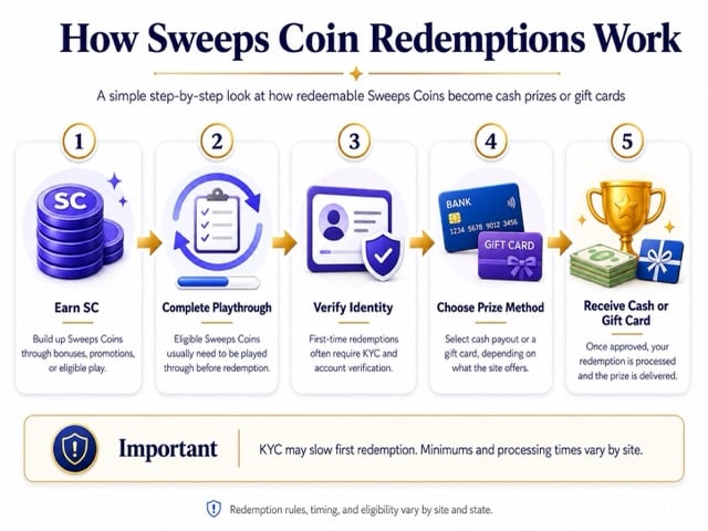 How Sweeps Coin redemptions work, from earning SC to receiving cash or gift cards.