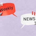 Red and White Speech Bubbles Say Weekly News Held By Black/White Hands