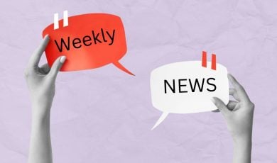 Red and White Speech Bubbles Say Weekly News Held By Black/White Hands