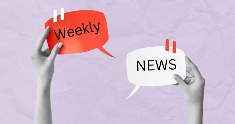 Red and White Speech Bubbles Say Weekly News Held By Black/White Hands