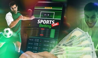 Man Uses Mobile Phone for Live Online Sports Betting on Soccer with Cash