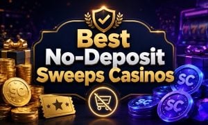 Best no-deposit sweeps casinos featured image with Gold Coins, Sweeps Coins and no-purchase bonus visuals.