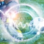 Soccer Player Runs On Field With Digital Overlay of Prediction Market Line Graph and Statistics
