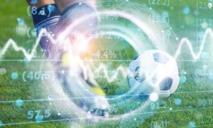 Soccer Player Runs On Field With Digital Overlay of Prediction Market Line Graph and Statistics
