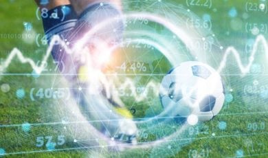 Soccer Player Runs On Field With Digital Overlay of Prediction Market Line Graph and Statistics