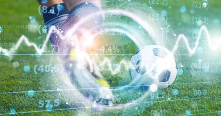 Soccer Player Runs On Field With Digital Overlay of Prediction Market Line Graph and Statistics