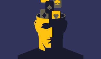 Clip Art of Male Face in Yellow and Black with Playing Cards Inside Head